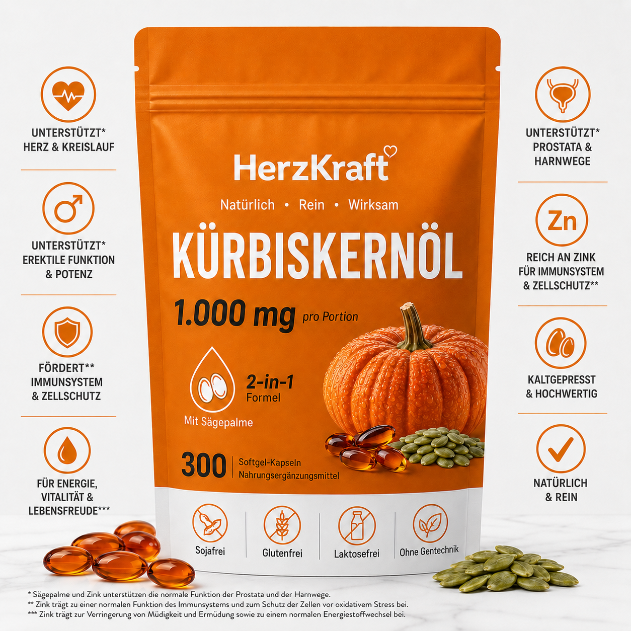 HerzKraft® Kürbiskernöl + Sägepalme Softgel-Kapseln